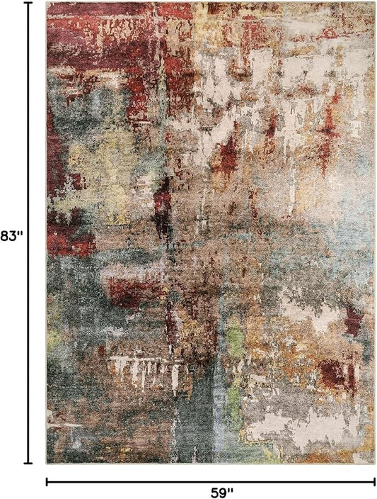 Lahome Modern Abstract 5x7 Area Rugs for Living Room, Washable Bedroom Rug Soft Non Slip Low Pile, Faux Wool Contemporary Carpet for Indoor Floor Decor Home Office Dining Room,Red/Multi