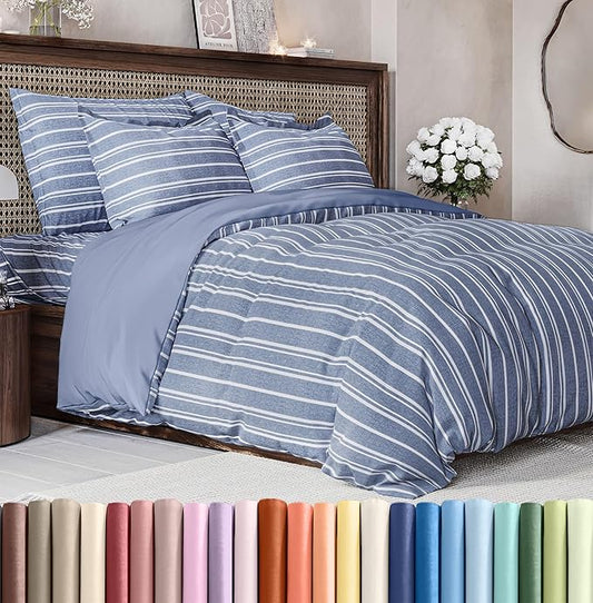 Duvet Cover Full Size Set - Extra Soft Full Size Duvet Cover 80 x 90 with 2 Pillow Shams - Hotel Luxury Easy Care and Fade Free w/Zipper Closures & Ties - Comfy Breathable Bedding Set (Blue Stripes)