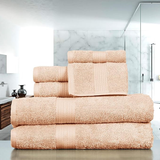 Ample Decor 100% Cotton 6 Piece Bathroom Towels Set, 2 Bath Towels, 2 Hand Towels, 2 Washcloths, Quick Drying - Beige Towel Sets