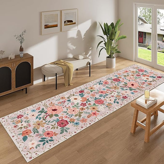 DUKINO 2x10 Runner Rug for Hallway, Washable Kitchen Runner Rug with Non Slip Backing, Low Pile Soft Boho Floral Carpet Carpet for Kitchen, Hallway, Entryway, Laundry, Bedroom, Beige