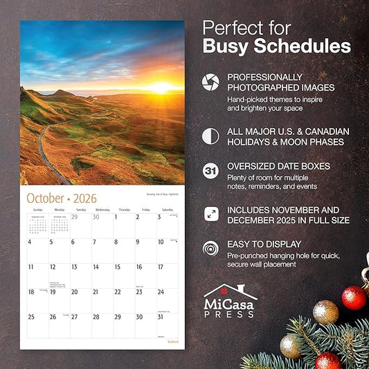 MICASA PRESS Scotland 2026 Wall Calendar 12 Month | 12" x 24" Open | Thick & Sturdy Paper | Holiday Gift | Scottish Castles Travel Calendar 2026