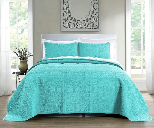 Pure Bedding Quilt Set Full/Queen Size Aqua - Oversized Bedspread - Soft Microfiber Lightweight Coverlet for All Season - 3 Piece Includes 1 Quilt and 2 Shams, Geometric Pattern