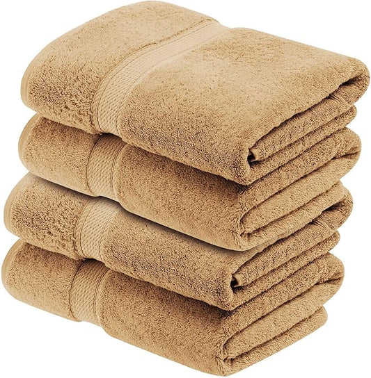 Superior Egyptian Cotton Pile Bath Towel Set of 4, Ultra Soft Luxury Towels, Thick Plush Essentials, Absorbent Heavyweight, Guest Bath, Hotel, Spa, Home Bathroom, Shower Basics, Toast