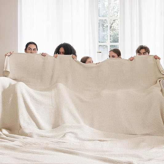 Bedsure Gentlesoft 100% Cotton Large Blanket Oversized King for Bed - Breathable Thick Waffle Weave Blanket for Summer, Couch Cover, Light Beige, 120x94 inches