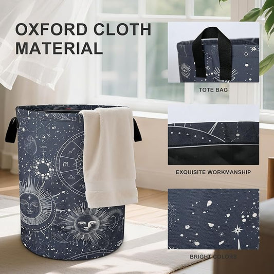 Sun Moon Laundry Basket Foldable Oxford Cloth Tote Bag Laundry Hamper Clothes Storage Bucket Organizer For Bathroom/Laundry Storage/Bedroom 19.6x15.7 Inch