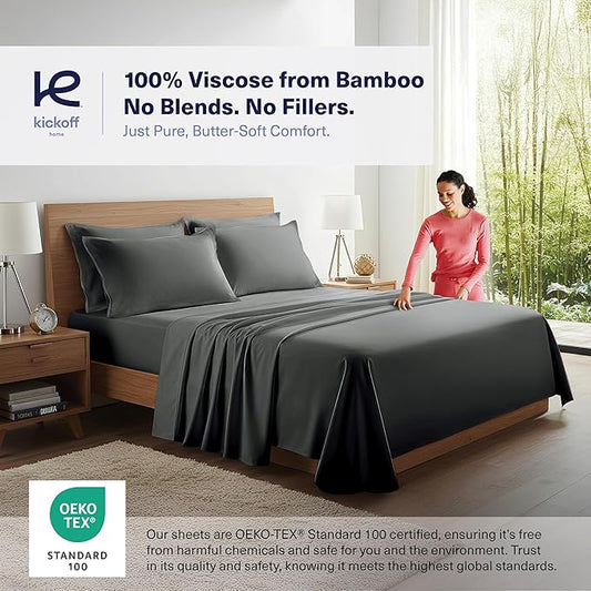 Kickoff Viscose Bamboo Sheets Queen Size 4-pc 100% Organic Bamboo Viscose Bed Cooling Sheets Queen Size Set Cool Bedding for hot Sleepers Sheet, Flat, Fitted, Pillowcases (Pewter, Q)