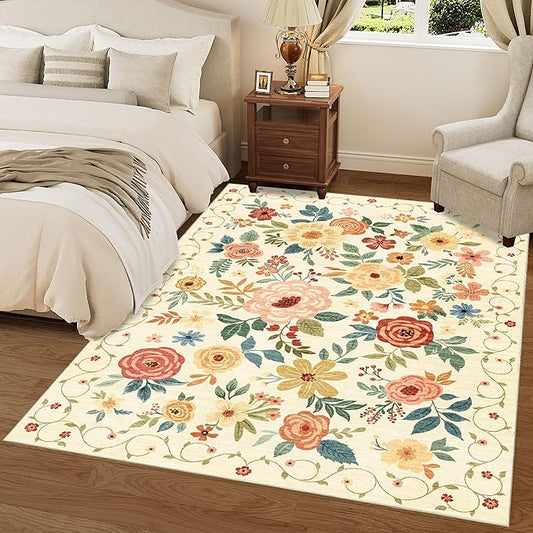 DUKINO 9x12 Area Rug, Floral Rugs for Living Room, Lightweight Non Slip Washable Rug, Indoor Low Pile & Non-Shedding Boho Design Rugs for Bedroom, Living Room, Dining Room, Beige Yellow