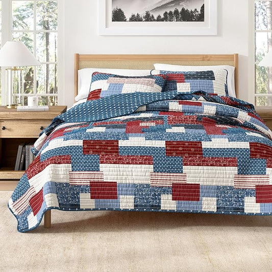 Great Bay Home 2-Piece Twin/Twin XL Microfiber Quilt Set with Shams - Americana Patchwork Reversible Design - Lightweight, All-Season, Layerable Bedding Set