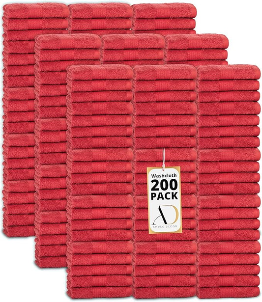 Ample Decor Washcloths Pack of 200 12 X 12 Inch 100% Cotton 600 GSM, Soft Absorbent and Reusable Fingertip Towels, Ideal for Bathroom and Powder Room - Red