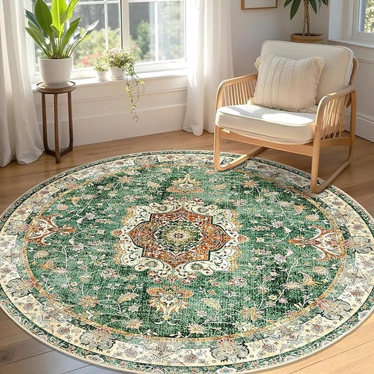 Green Round Rug 5ft, Circle Boho Area Rugs for Bedroom Living Room Bedside,Washable Vintage Bohemian Distressed Oriental Floral Carpet Non Slip,Retro Sage Floral