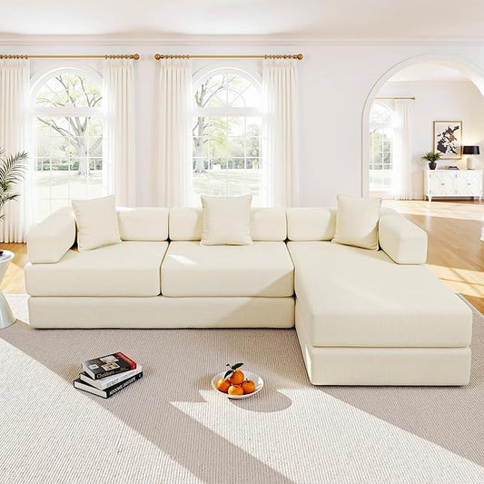 108" Oversized Convertible Sleeper Sofa Bed, Corduroy L Shape Sectional Couch, Folding Sofa Bed with Fixed-Shape Frame, Modern Cloud Floor Mattress Couch, Modular Sofa for Living Room, Beige