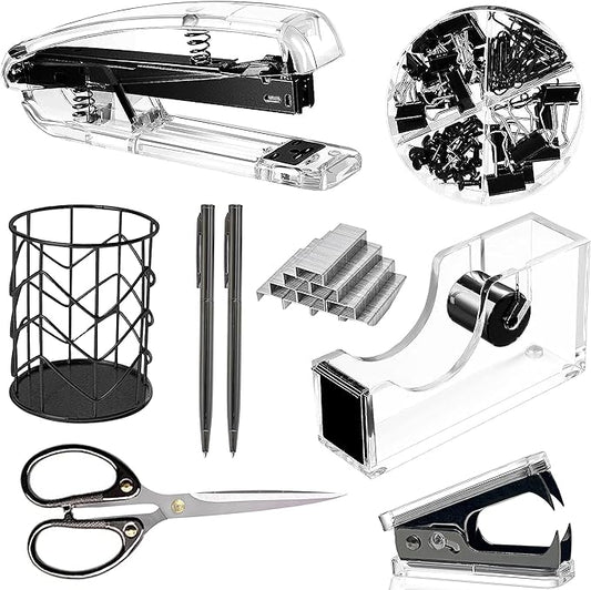Office Desk Accessories,Office Supplies Set Acrylic Stapler Set Staple Remover, Tape Holder, Pen Holder, 2 Ballpoint Pen, Scissor, Binder Clips, Paper Clips and 1000pcs Staples(Black)