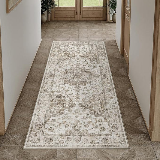 2x5 Washable Neutral Runner Rug Brown Vintage Hallway Kitchen Carpet Non-Slip Soft Low Pile Floral Throw Rug for Bedroom Bathroom Laundry Living Room