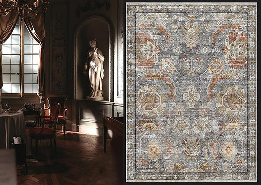 RUGSURE Washable Area Rugs - Perfect for Living Room, Bedroom, Kids Room, Nursery - Stain & Water Resistant Non-Slip, Pet & Child Friendly, Vintage Tribal Area Rugs (Turmeric and Grey, 6' x 9')