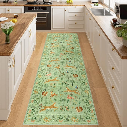 DUKINO 2x10 Rug for Hallway, Washable Kitchen Runner Rug with Non Slip Backing, Soft Low Pile Vintage Animal Runner for Bedroom, Kitchen, Hallway, Entryway, Laundry, Light Green