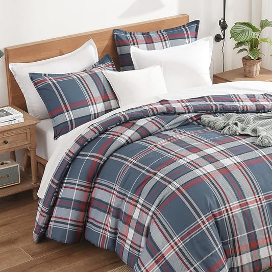 Andency Navy Red Plaid Comforter Set Full(79x90Inch), 3 Pieces Grid Gingham Stripes Bedding Comforter Sets for Boys Girls Kids Teens, Preppy Geometric Line Soft Lightweight Reversible Bed Set as Gift