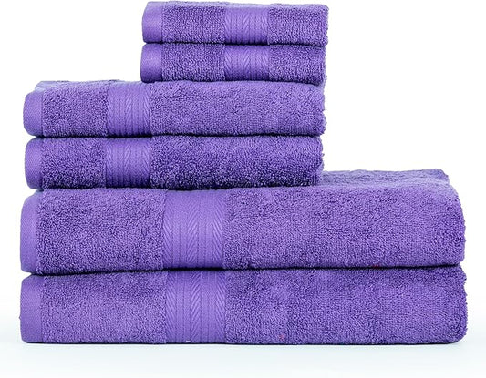 Ample Decor 100% Cotton Luxury 6 Piece Towels Set, 2 Bath Towels, 2 Hand Towels, 2 Wash Cloths for Bathroom - Purple Towel Sets