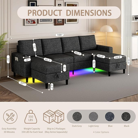 Sectional Couches for Living Room, 4 Seat Sectional Sofa with Smart Module-Wireless Charging/USB/Type-C/RGB Light, U Shaped Couch with Reversible Chaise Lounge/Storage Ottoman (Charcoal Grey)