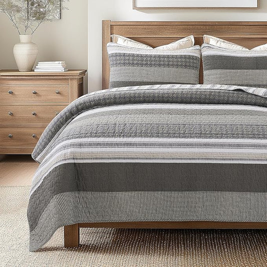 Soul & Lane Madrona 3-Piece Pieced Cotton Quilt Set - King Size with 2 Shams, Modern Masculine Quilted Bedspread in Brown and Gray, Contemporary Striped Bedding for Men's Bedroom