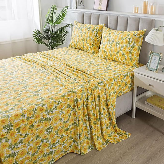FADFAY Sunflower Sheets Set Queen Vintage Yellow Floral Bedding Rustic Botanical Sheets Shabby Floral Farmhouse Bedding 100% Percale Premium Cotton Soft Deep Pocket Fitted Sheet 4Pcs, Queen Size