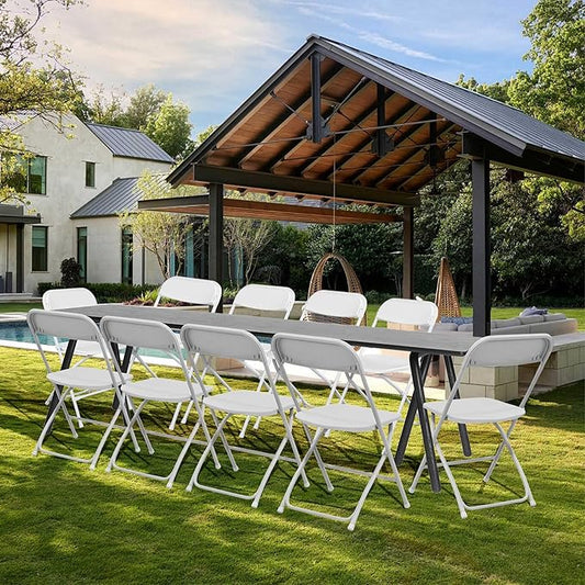 10 Pack White Plastic Folding Chairs with 350-LBS Capacity, Portable Indoor Outdoor Chairs, Stackable Commercial Seat with Steel Frame for Office, Party, Events, Wedding, Kitchen