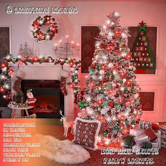 66Ft 200 LED Christmas Fairy Lights Plug in, Red and White Waterproof String Lights for Outdoor & Indoor 8 Modes with Timer Bedroom Decor, Twinkle Lights for Bedroom Party Tree Christmas Decorations