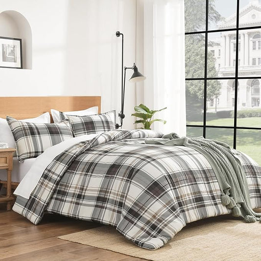 Andency Gray Brown Black Plaid Comforter Set Queen(90x90Inch), 3 Pieces Grid Gingham Stripes Bedding Comforter Sets for Boys Girls Kids Teens, Preppy Geometric Line Soft Lightweight Reversible Bed Set