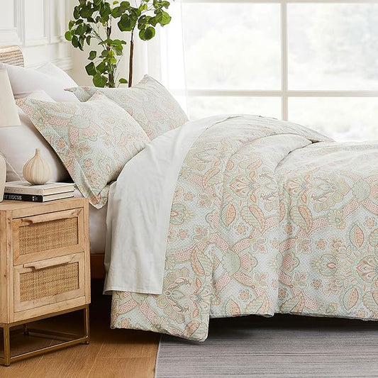 Southshore Fine Living, Inc. Paisley Boho Duvet Cover Full/Queen Size - Premium Quality Bedding Set, Easy Care - 1 Duvet Cover Full/Queen, 2 Pillow Shams - Enchantment Coral