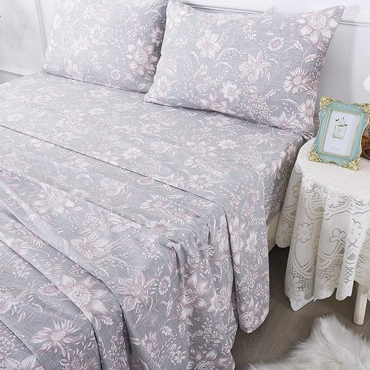 FADFAY Sheets Set Twin XL Shabby Pink and Grey Floral Bedding Vintage Sunflower Bedding 600TC Elegant Summer Sheets 100% Cotton Super Soft Deep Pocket Bed Sheets Set, 4Pcs-Twin XL Size for Dorm Room