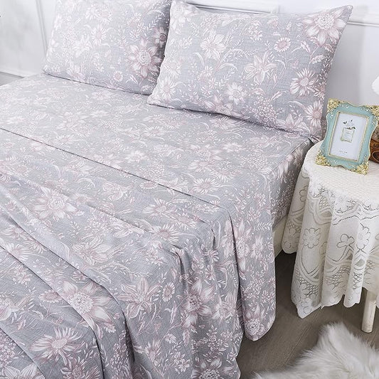 FADFAY Full Size Bed Sets Pink & Grey Girls Bedding Daisy Patterned Sheets Set 100% Cotton Super Soft All-Season Use (4Pcs, 1 Flat Sheet, 1 Fitted Sheet, 2 Pillowcases)