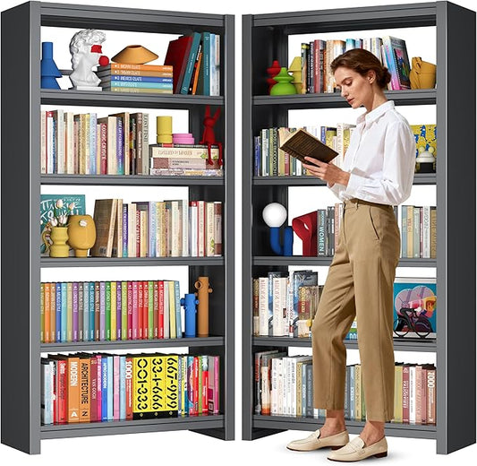 Book Shelf 69" H, 5-Tier Metal Shelving, Modern Black Bookshelf, Tall Bookcase for Bedroom, Living Room, Home Office, Library, Screw-Free Installation