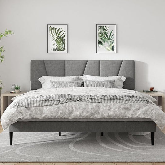 Full Size Platform Bed Frame with Geometric Upholstered Headboard, Noise Free, Wooden Slats Support, No Box Spring Needed, Easy Assembly, Dark Grey, Linen