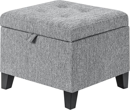Adeco 17" Square Ottoman with Storage, Small Grey Storage Ottoman Foot Rest with Hinged Lid & Solid Wood Legs, Linen Fabric Foot Stool for Living Room & Bedroom