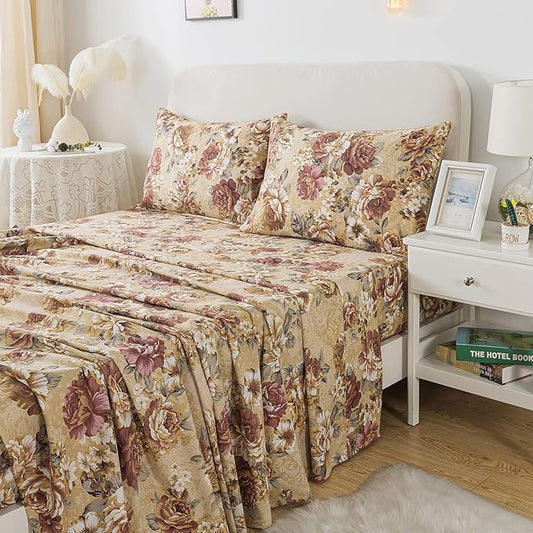 FADFAY Sheets Set Cal King Tan Peony Floral Bed Sheet Set Vintage Farmhouse Bedding 100% Cotton Breathable Bedding with Deep Pocket Fitted Sheet 4Pcs, California King Size