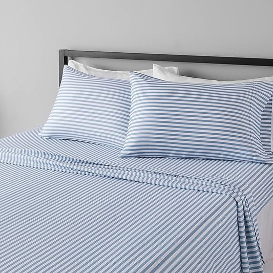Amazon Basics Lightweight Super Soft Easy Care Microfiber 4 Piece Bed Sheet Set With 14-inch Deep Pockets - Queen, Dusty Blue Pinstripe,Printed AmazonBasics