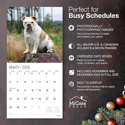 MICASA PRESS Bulldogs 2026 Wall Calendar 12 Month | 12" x 24" Open | Thick & Sturdy Paper | Holiday Gift | Cute Puppy Dog Calendar 2026