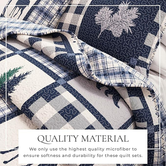 Great Bay Home Lodge Bedspread Full/Queen Size Quilt with 2 Shams. Cabin 3-Piece Reversible All Season Quilt Set. Rustic Quilt Coverlet Bed Set. Stonehurst Collection. (Navy/Grey)