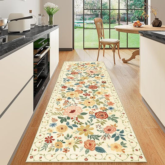 DUKINO 2x6 Runner Rug for Hallway, Washable Kitchen Runner Rug with Non Slip Backing, Low Pile Soft Boho Floral Runner for Kitchen, Hallway, Entryway, Laundry, Bedroom, Beige Yellow