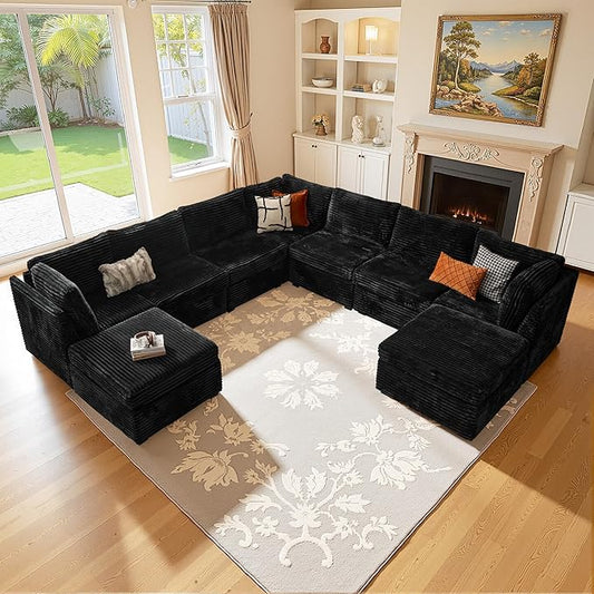 Large 9 Seat Modular Sectional Sofa with Ottoman Seat Corduroy Sleeper Sectional Sofa Bed Oversized Convertible Modular Couch for Living Room