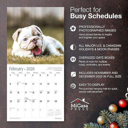 MICASA PRESS Bulldog Puppies 2026 Wall Calendar 12 Month | 12" x 24" Open | Thick & Sturdy Paper | Holiday Gift | Cute Puppy Dog Calendar 2026