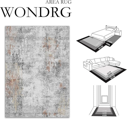 6x9 Washable Area Rug Grey Rust Abstract Living Room Bedroom Carpet Neutral Modern Non-Slip Soft Low Pile Lightweight Vacuumable Throw Rug for Dining Room Kitchen