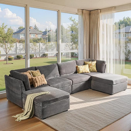 Large 6 Seat Modular Sectional Sofa with Ottoman Seat Corduroy Sleeper Sectional Sofa Bed Oversized Convertible Modular Couch for Living Room