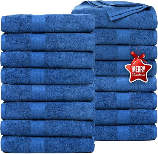 Ample Decor Bath Towels Set of 16 600 GSM 100% Cotton, Absorbent Soft Premium Quality Machine Washable, for Bathroom, Hotel, Spa, Gym, Kitchen - Navy Blue- 30 X 54 Inch