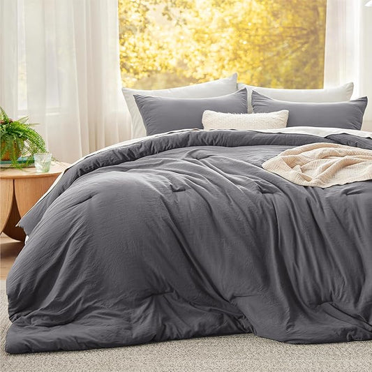Bedsure Super King Plus Size Comforter Set, Dark Grey Soft Prewashed Bedding for All Seasons, 3 Pieces GentleSoft™ Bed Set, 1 Lightweight Comforter (128"x120") and 2 Pillowcases (20"x36")