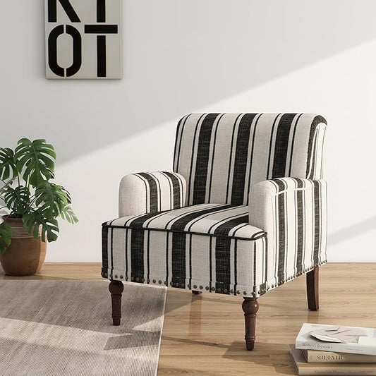 Accent Chair, Mid Century Modern Comfy Armchair for Living Room, Linen Fabric Single Sofa Lounge for Reading Bedroom Apartment Waiting Room with Wood Legs (Black Stripe, Set of 1)