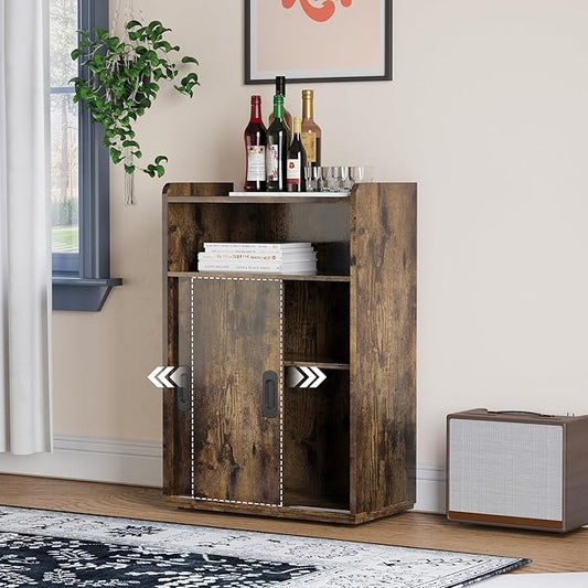 Adjustable Storage Cabinet with Sliding Doors, Multi-Functional Organizer with 2-Tier Shelves, Height-Adjustable Design, Compact Cabinet for Bedroom, Living Room, or Office (Retro Brown)