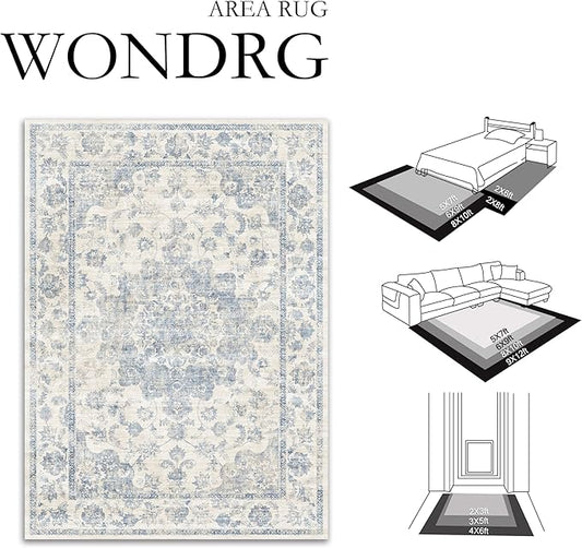 2x8 Washable Neutral Runner Rug Blue Vintage Hallway Kitchen Carpet Non-Slip Soft Low Pile Floral Throw Rug for Bedroom Bathroom Laundry Living Room
