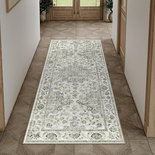 2x5 Washable Neutral Runner Rug Green Vintage Hallway Kitchen Carpet Non-Slip Soft Low Pile Floral Throw Rug for Bedroom Bathroom Laundry Living Room