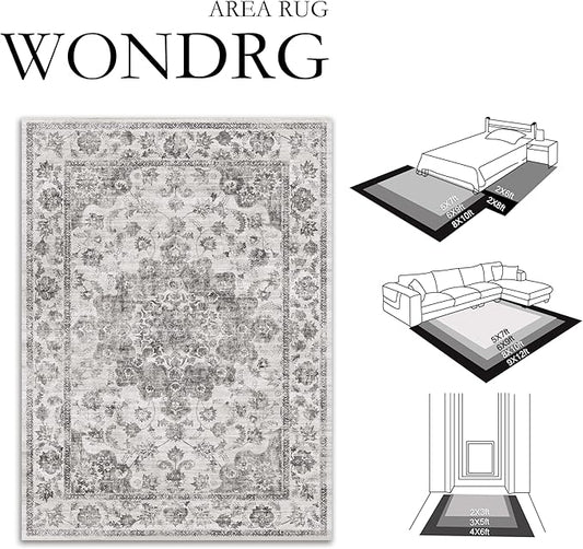 6x9 Washable Neutral Area Rug Black Vintage Living Room Bedroom Carpet Non-Slip Soft Low Pile Floral Indoor Throw Rug for Dining Room Entryway Office