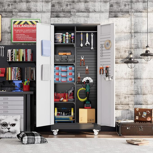 SUXXAN Broom Closet Storage Cabinet with Wheels 71.4"x 31.5"x15.7", Metal Cleaning Cabinets with Hooks and Hanging Rods, Lockable Cabinet with Pegboard, Adjustable Shelf(Black/White)